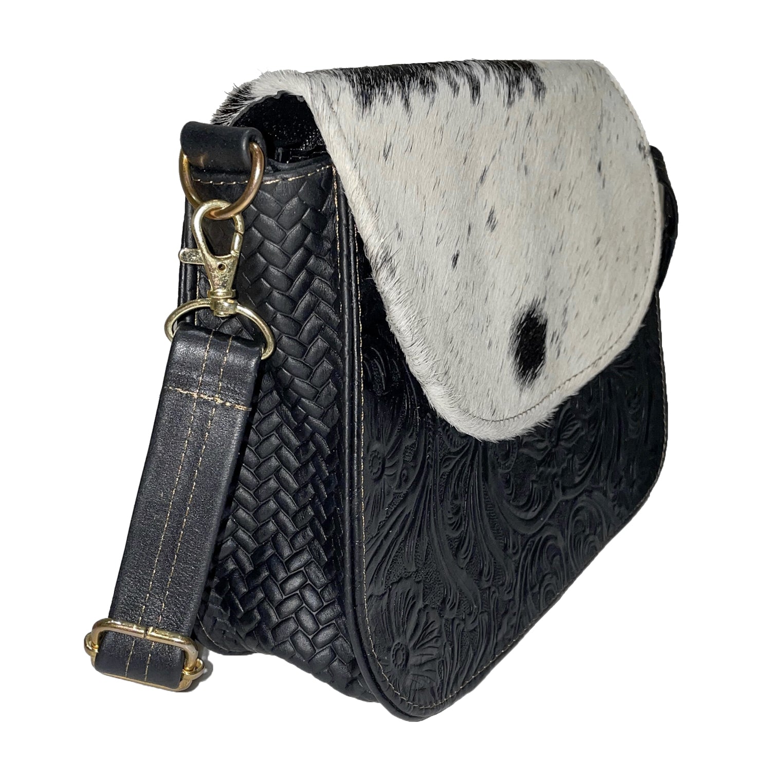 cowhide leather crossbody bag with tooled floral design 
