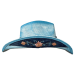 Brim of blue straw country hat, showing Mexican pink floral embroidery 
