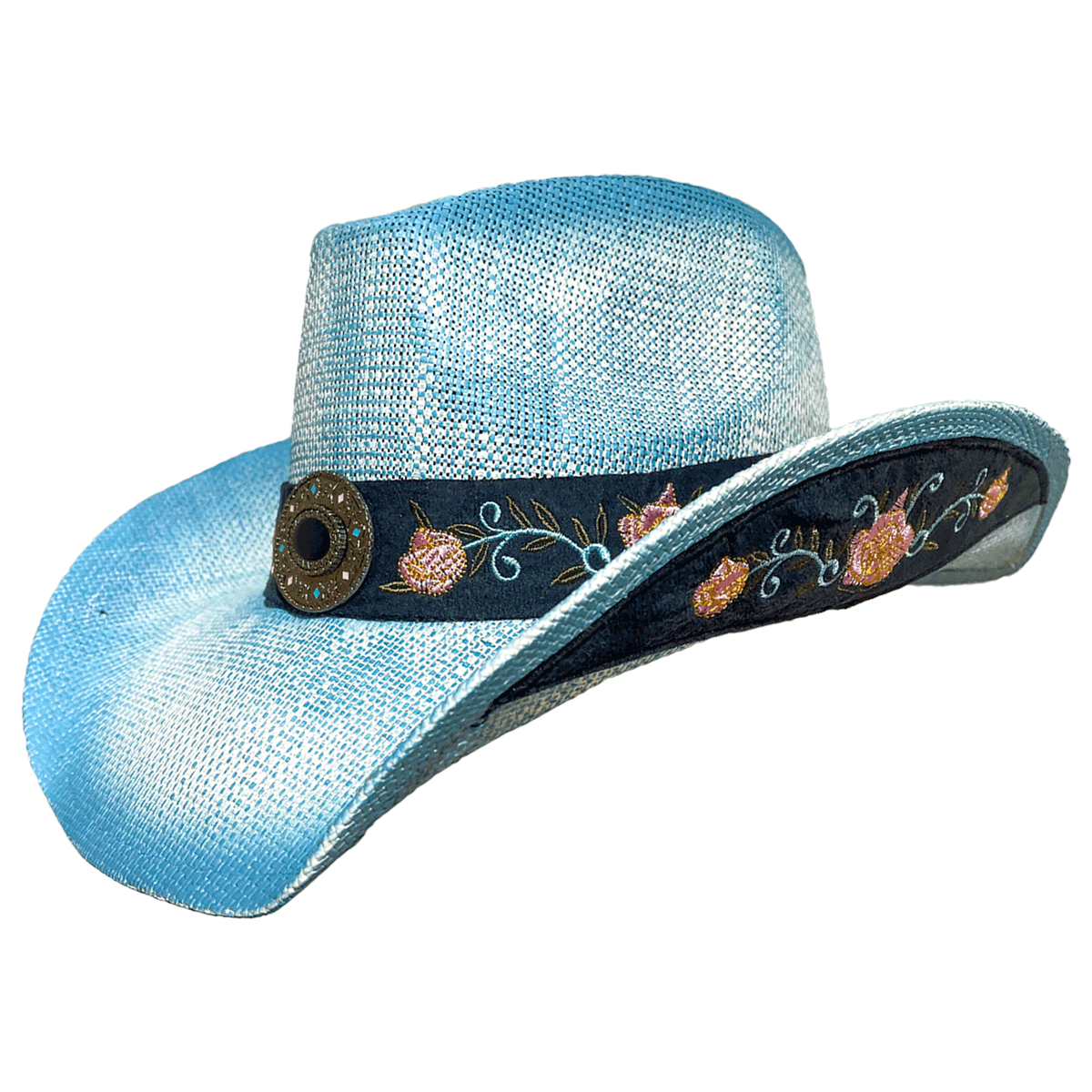 cute blue ombre decorative straw cowboy hat with detailed band and trim 