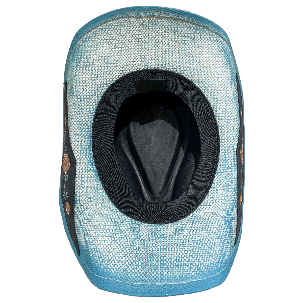 Inside of UPF 50+ straw hat, showing comfortable elastic sweatband for size M-L 