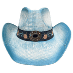 blue and white western style hat with embroidered floral hat band and metal concho 