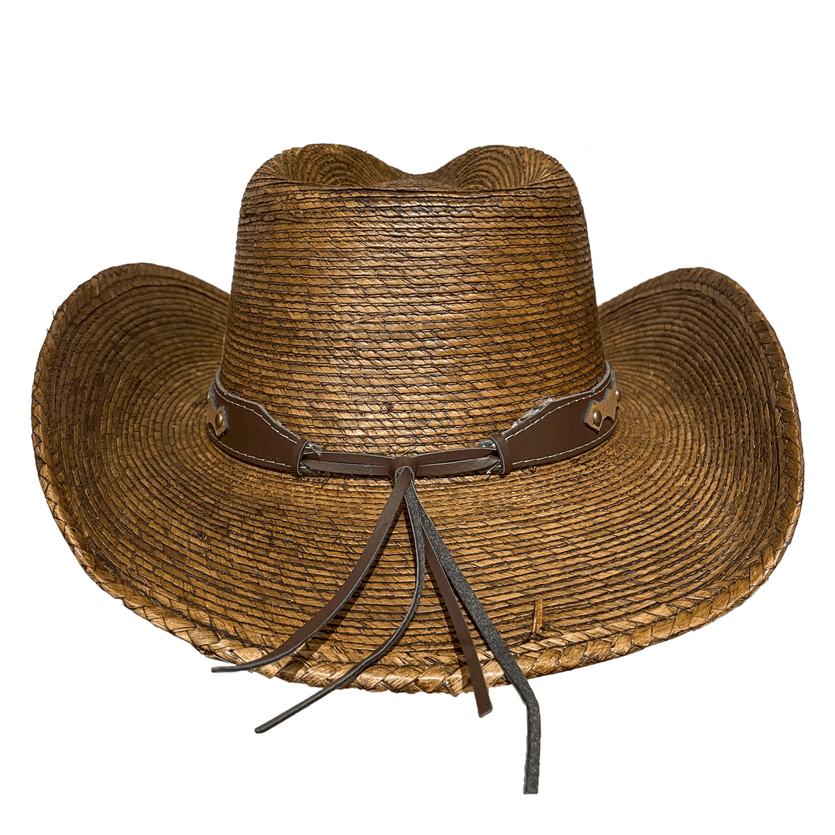 Rustic western style straw cowboy hat with tie on leather hatband