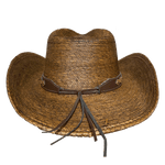 Rustic western style straw cowboy hat with tie on leather hatband