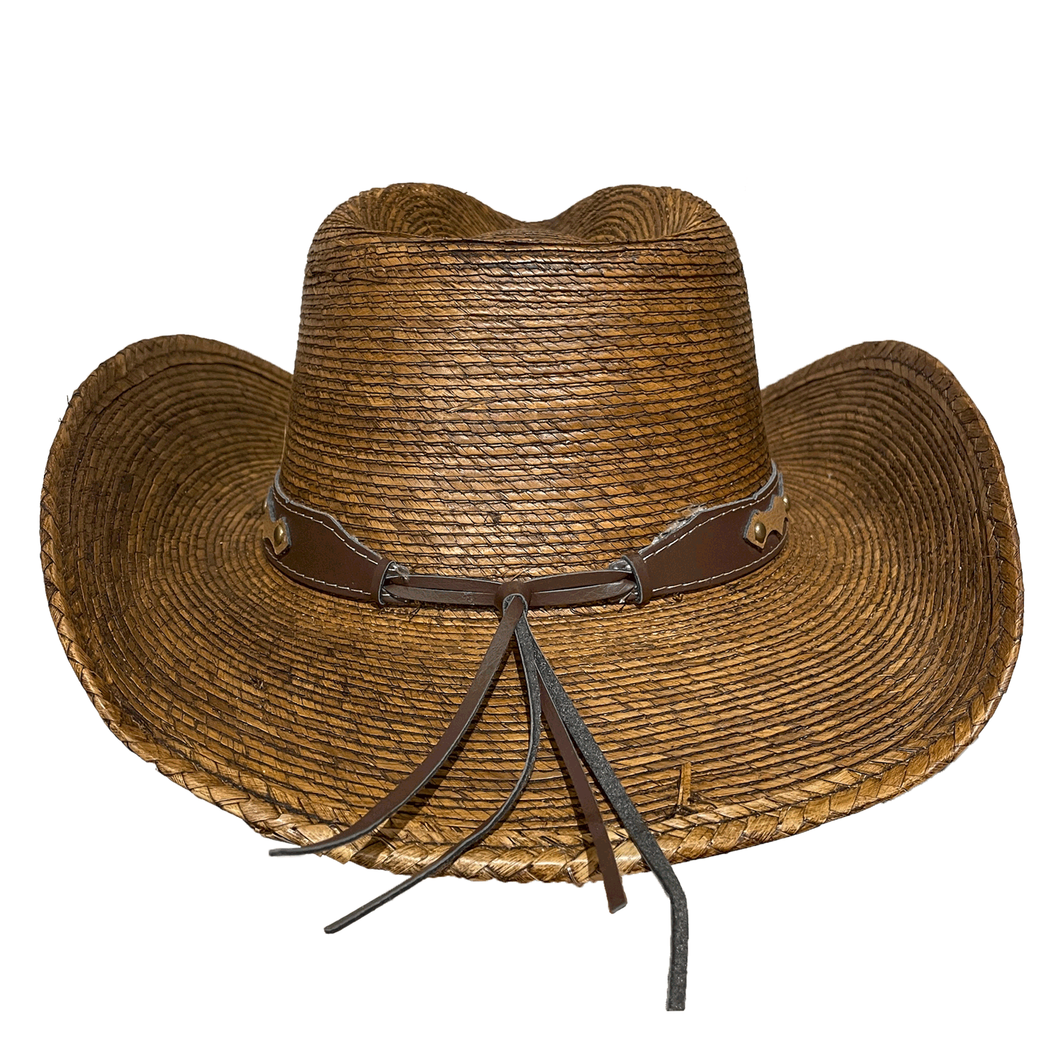 Rustic western style straw cowboy hat with tie on leather hatband