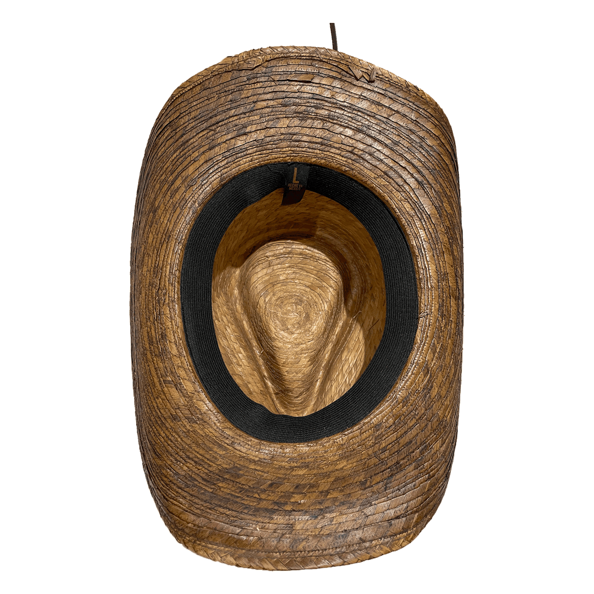 Black elastic headband inside rough straw cowboy hat