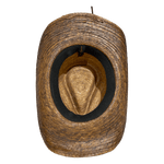 Black elastic headband inside rough straw cowboy hat