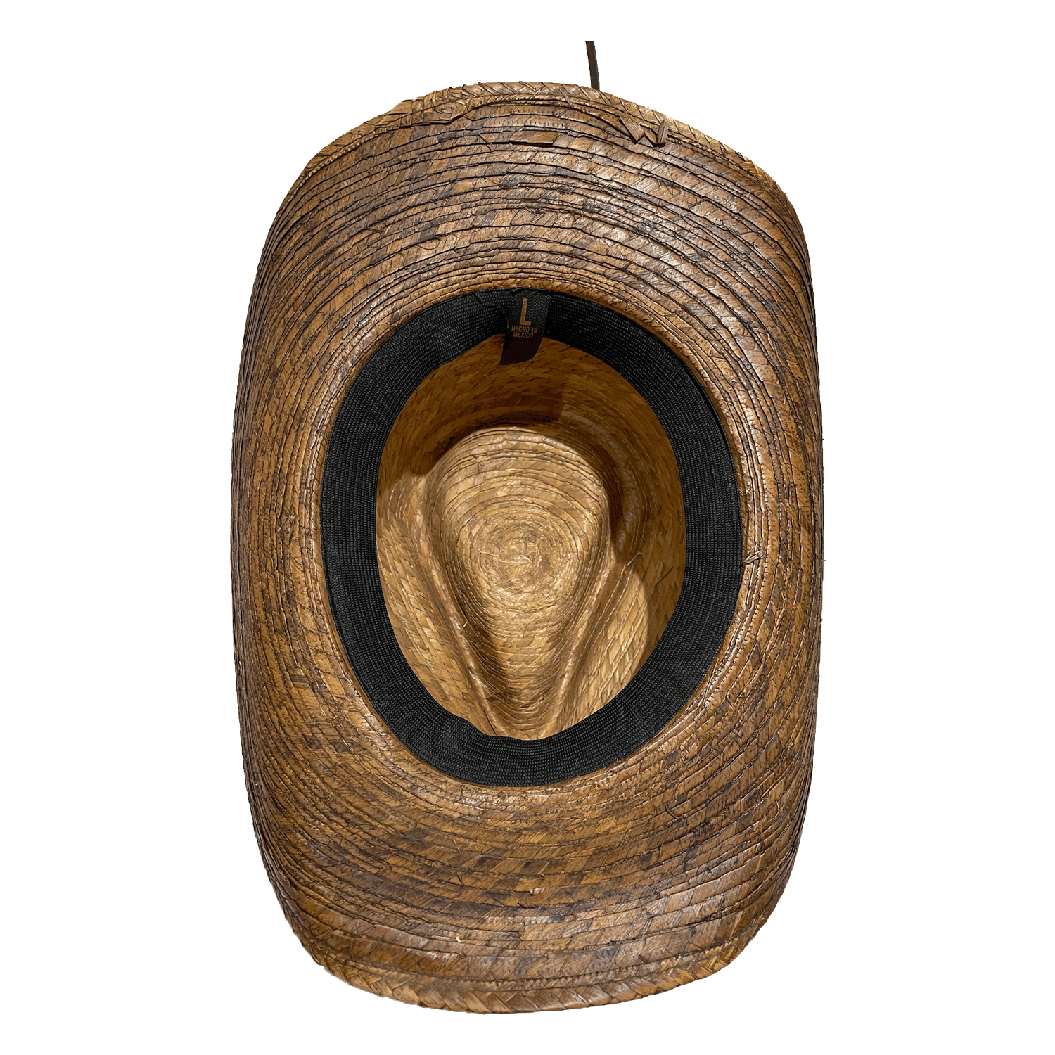 Black elastic headband inside rough straw cowboy hat