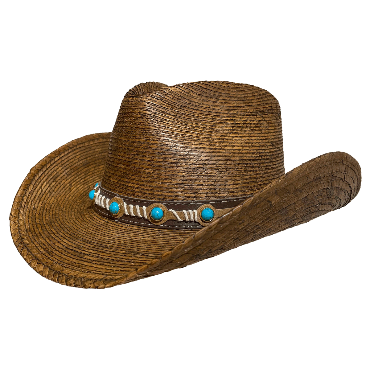 brown straw cowboy hat with turquoise conchos and leather hatband