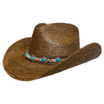 brown straw cowboy hat with turquoise conchos and leather hatband