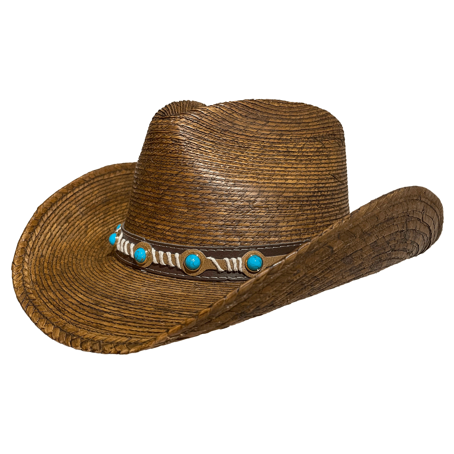 brown straw cowboy hat with turquoise conchos and leather hatband