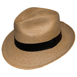 Tan-Brown Fedora Fino handwoven Mexican palm leaf fedora with brown cotton hat band, lightweight breathable design for summer and travel. 