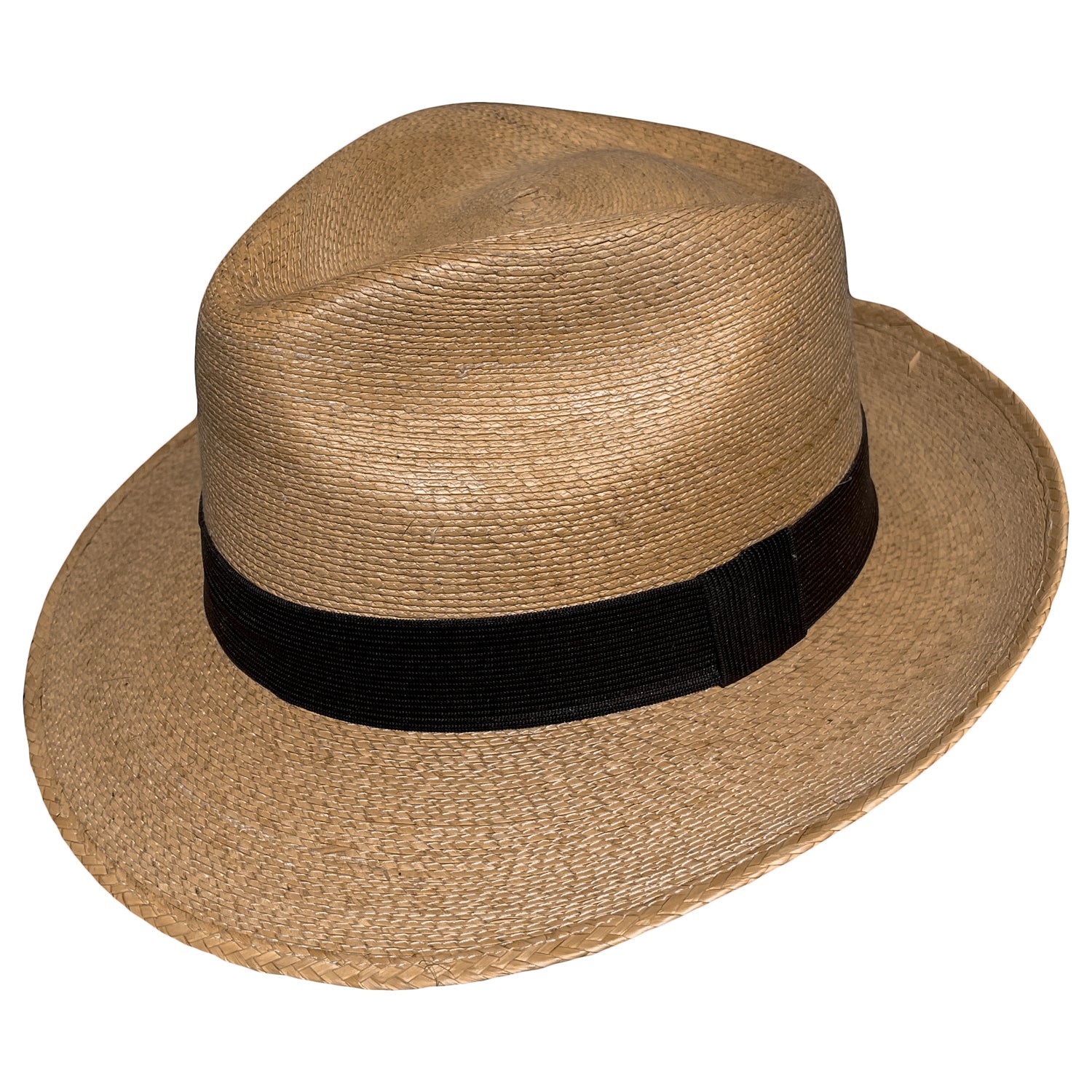 Tan-Brown Fedora Fino handwoven Mexican palm leaf fedora with brown cotton hat band, lightweight breathable design for summer and travel. 