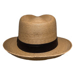 Back view of Tan-Brown Fedora Fino handcrafted Mexican palm leaf fedora with brown cotton hat band and natural woven texture. 