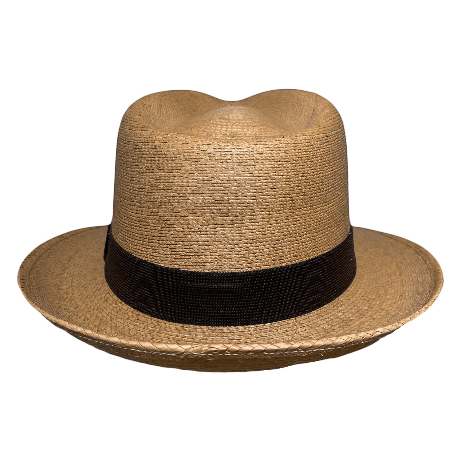 Back view of Tan-Brown Fedora Fino handcrafted Mexican palm leaf fedora with brown cotton hat band and natural woven texture. 
