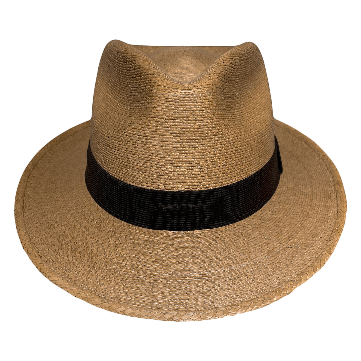 Front view of Tan-Brown Fedora Fino palm leaf fedora featuring a minimalist brown cotton hat band and timeless artisan design. 