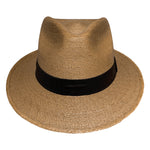 Front view of Tan-Brown Fedora Fino palm leaf fedora featuring a minimalist brown cotton hat band and timeless artisan design. 