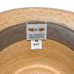 Inside closeup view of Tan-Brown Fedora Fino handmade Mexican palm leaf fedora with comfortable cotton headband and breathable woven construction. 