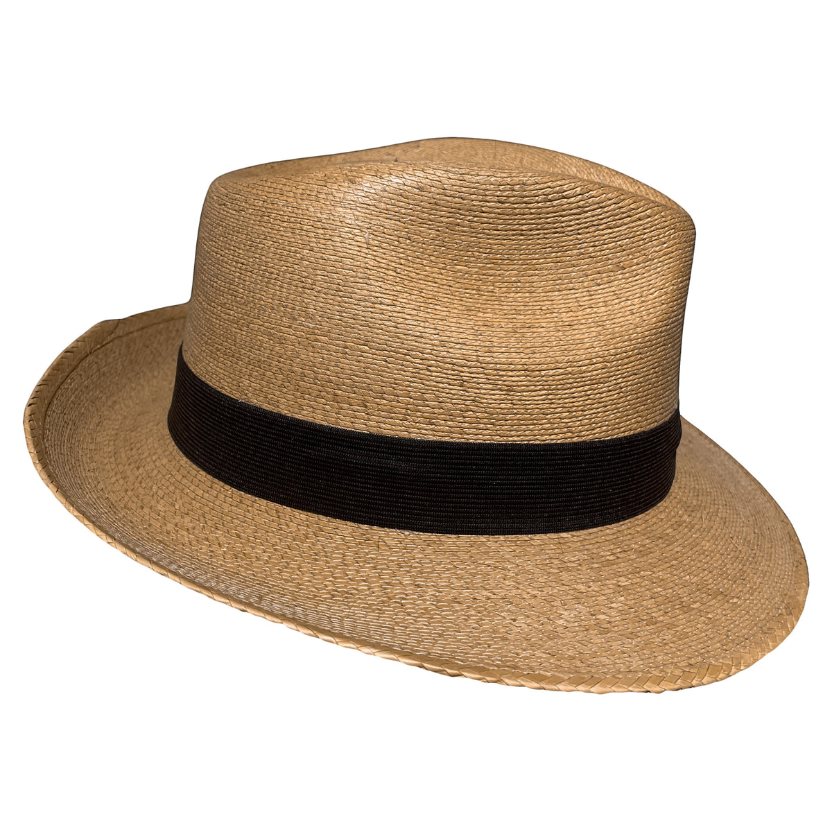 Side view of the Tan-Brown Fedora Fino worn as a lightweight Mexican palm leaf fedora for travel, outdoor adventures, beach days, and summer style. 