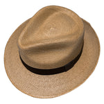 Top view of Tan-Brown Fedora Fino handcrafted from genuine Mexican palm leaf with lightweight woven construction and classic fedora shape. 