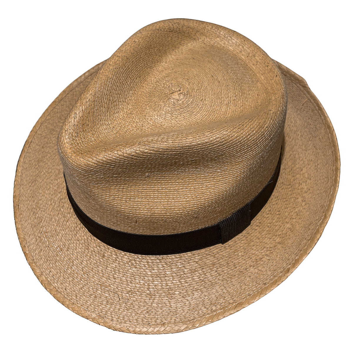 Top view of Tan-Brown Fedora Fino handcrafted from genuine Mexican palm leaf with lightweight woven construction and classic fedora shape. 