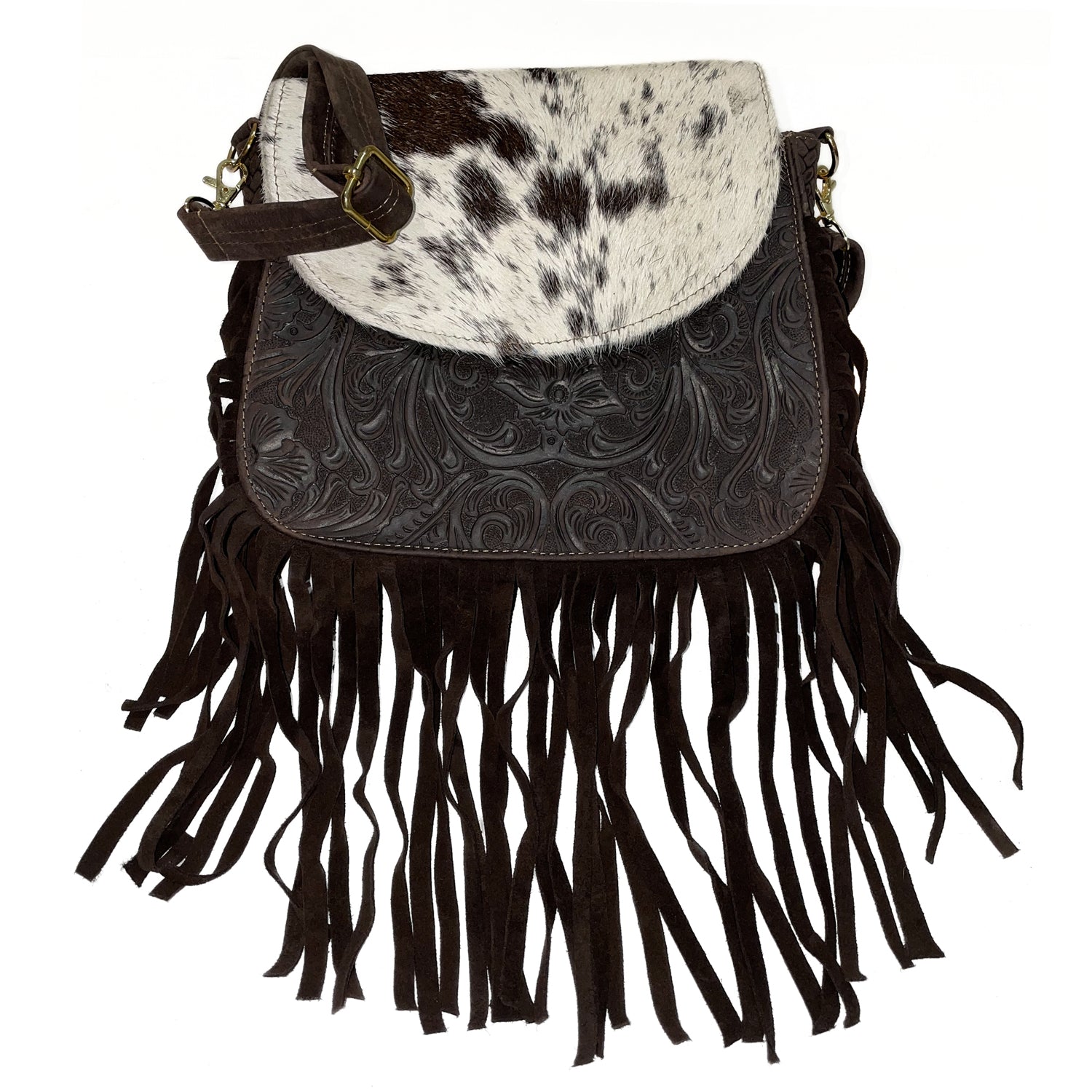 brown leather fringe crossbody purse with tassel detail 