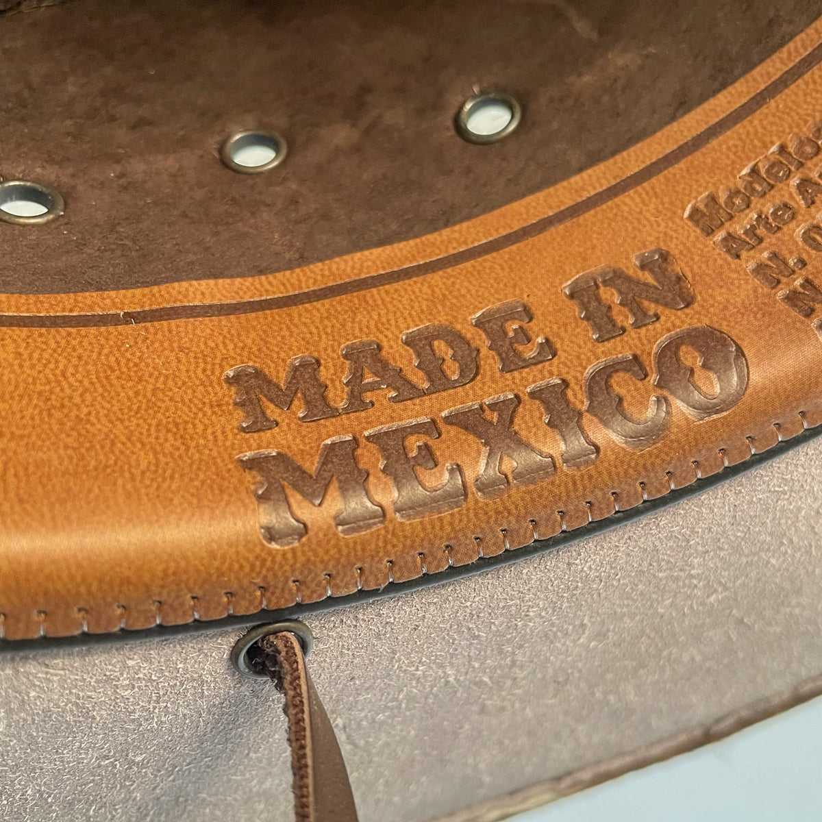 Made in Mexico branding on leather hat band 