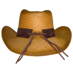 back of brown straw hat showing knotted hat band 