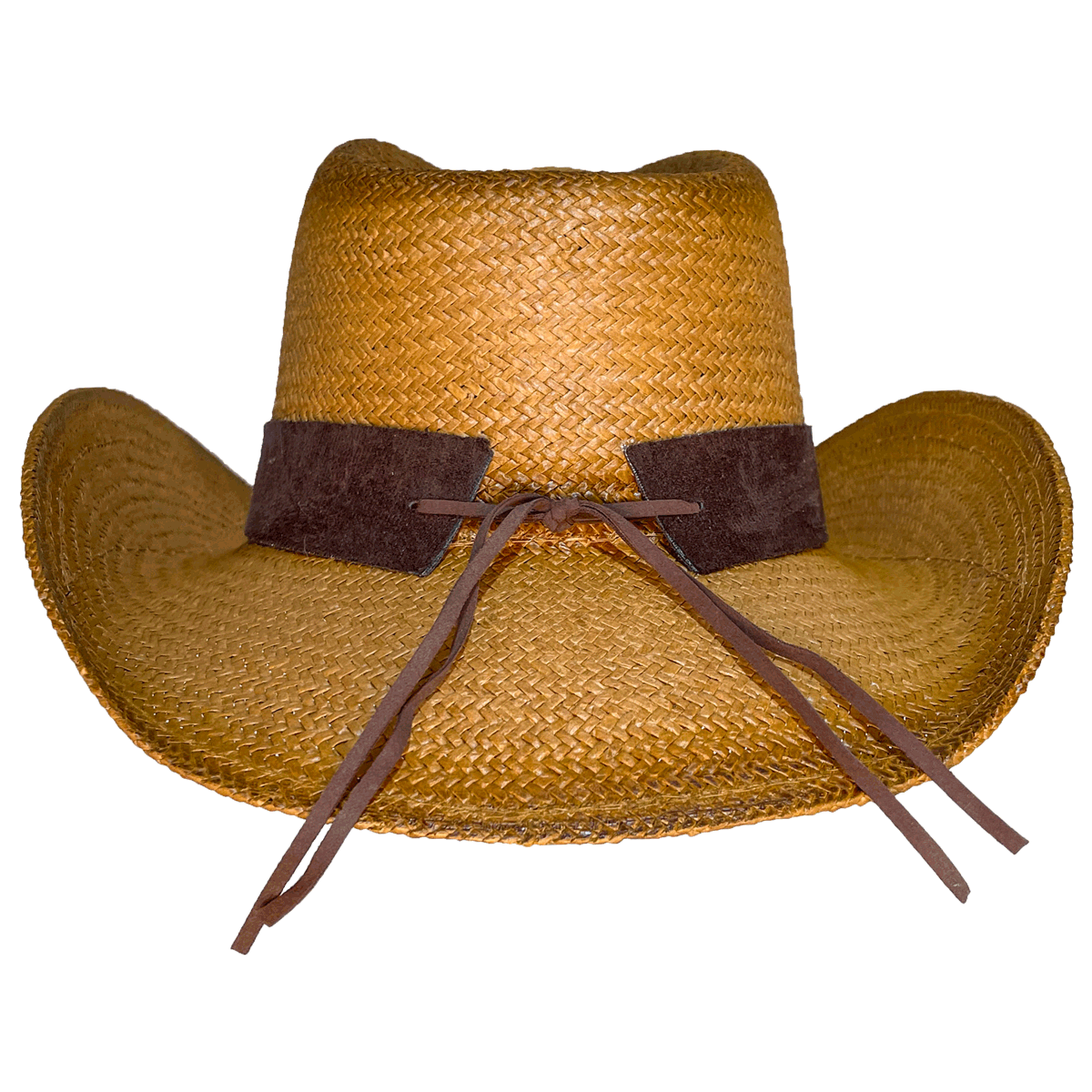 back of brown straw hat showing knotted hat band 