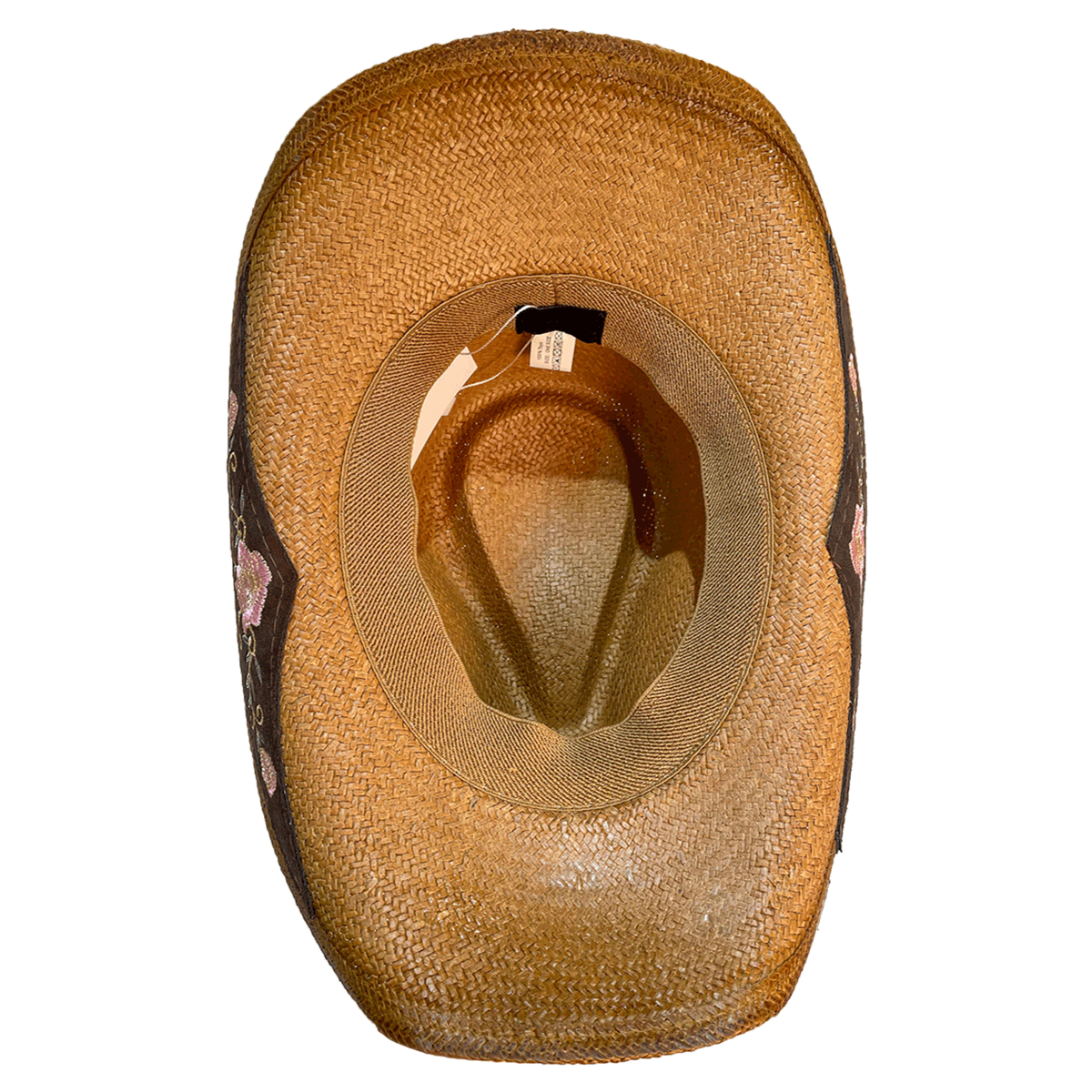 Inside of cute brown country western rodeo hat showing elastic sweatband for size M-L 