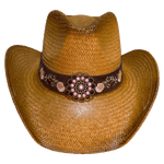 Brown straw cowgirl hat with embroidered hat band featuring pink roses and gold vines and a medallion with light pink stones 