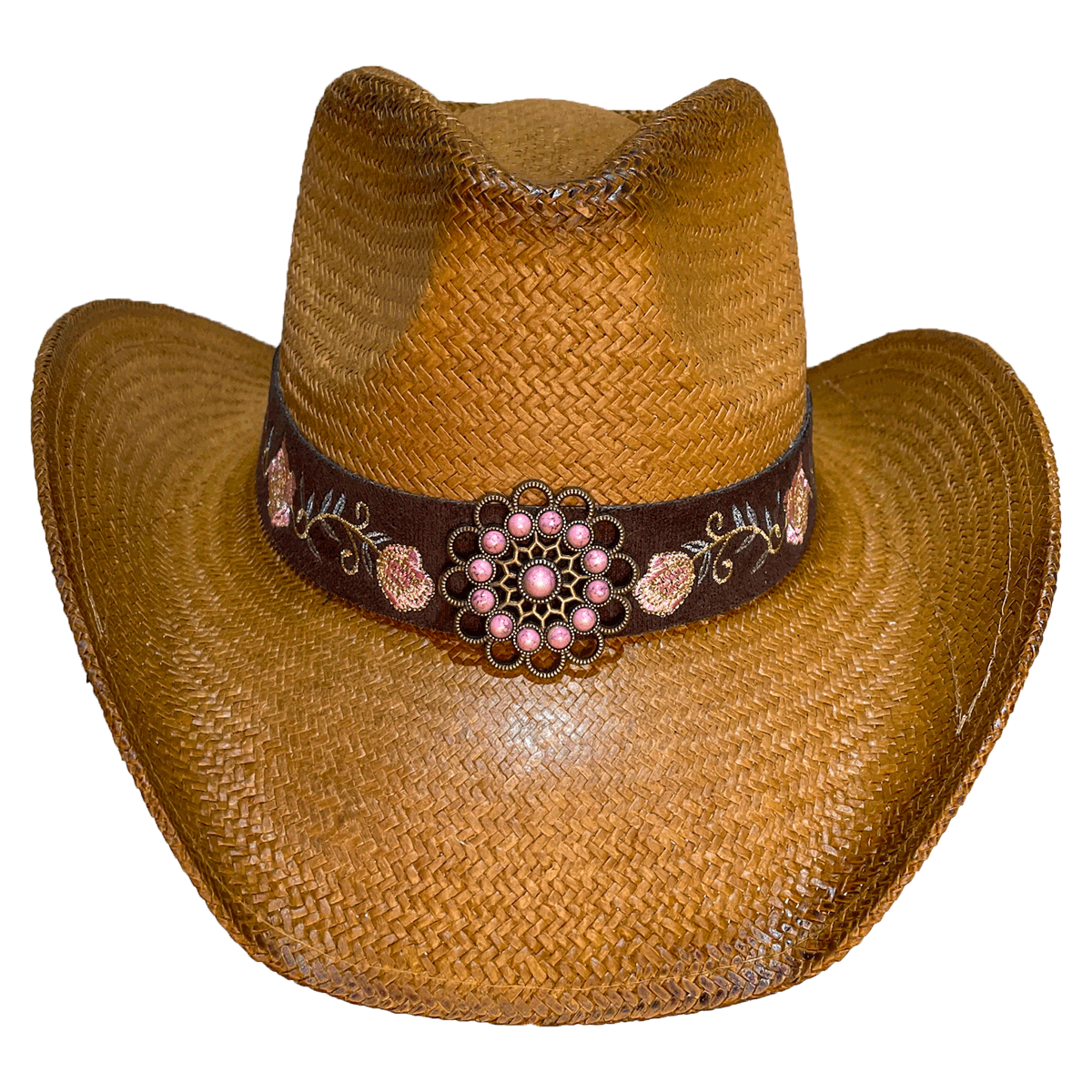 Brown straw cowgirl hat with embroidered hat band featuring pink roses and gold vines and a medallion with light pink stones 
