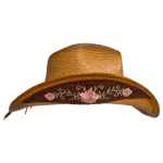 Mexican straw cowboy hat brim embroidered with pink roses, gold glittery vines, and light green leaves 