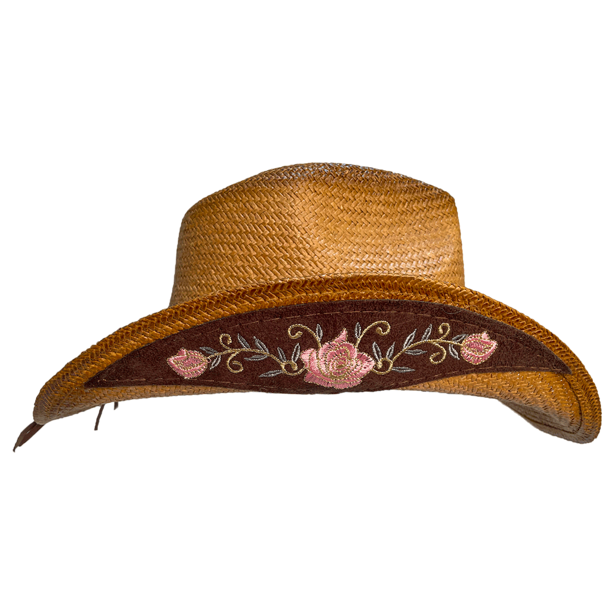 Mexican straw cowboy hat brim embroidered with pink roses, gold glittery vines, and light green leaves 