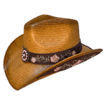 brown cowboy hat with embroidered flowers and vines hatband and metal light pink concho 