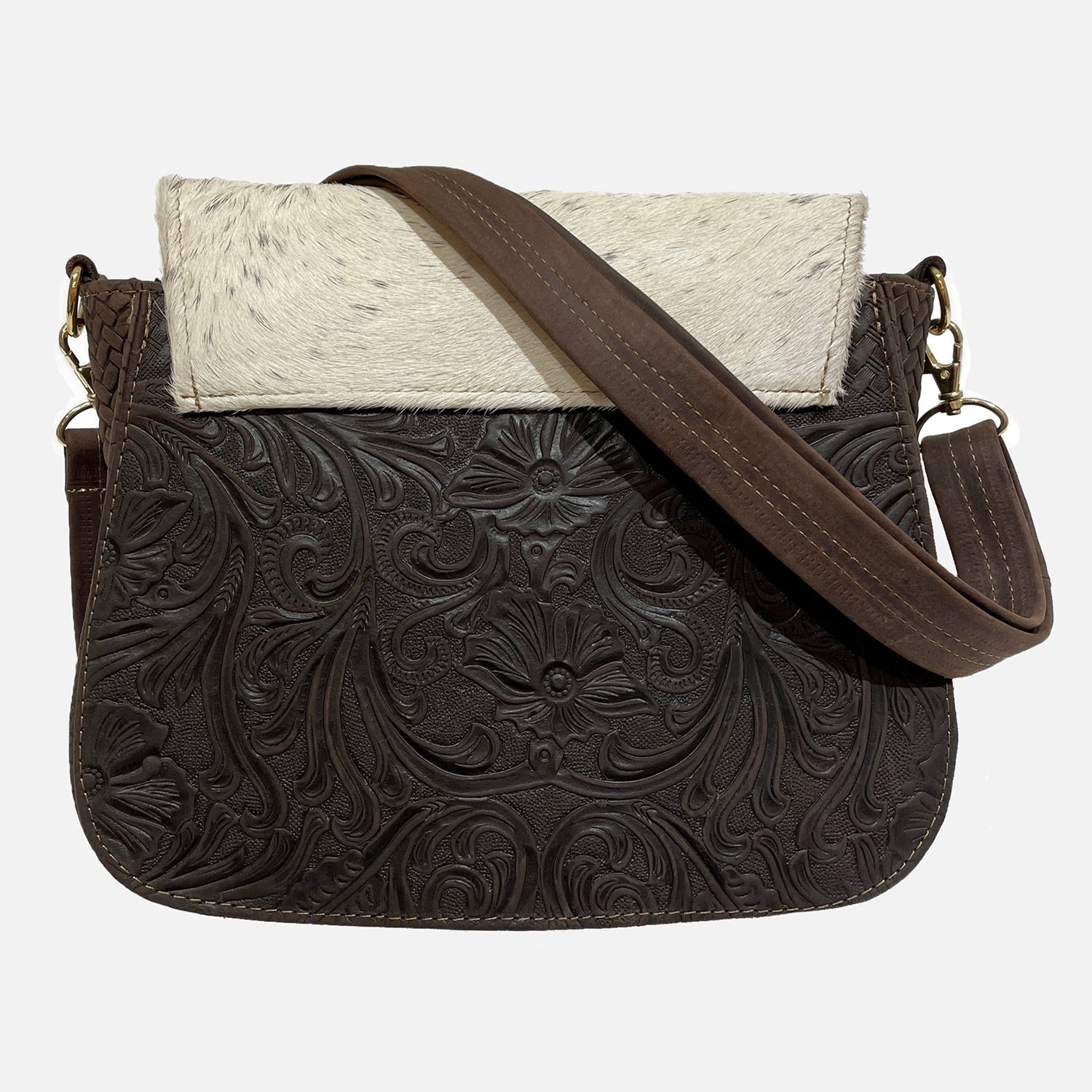 artisan cowhide purse with adjustable strap 
