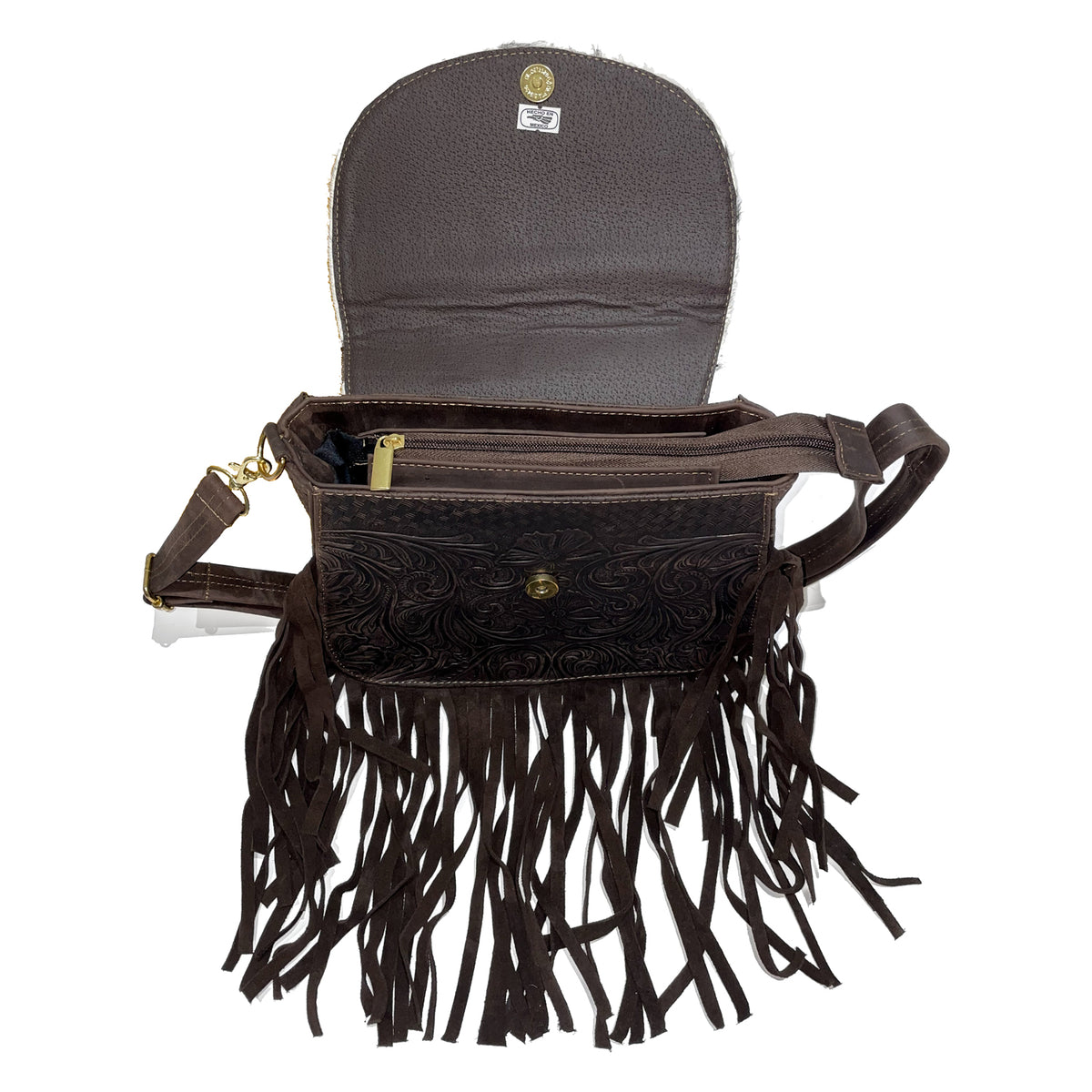 engraved brown leather bag with gold snap closure and hardware 