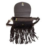 engraved brown leather bag with gold snap closure and hardware 