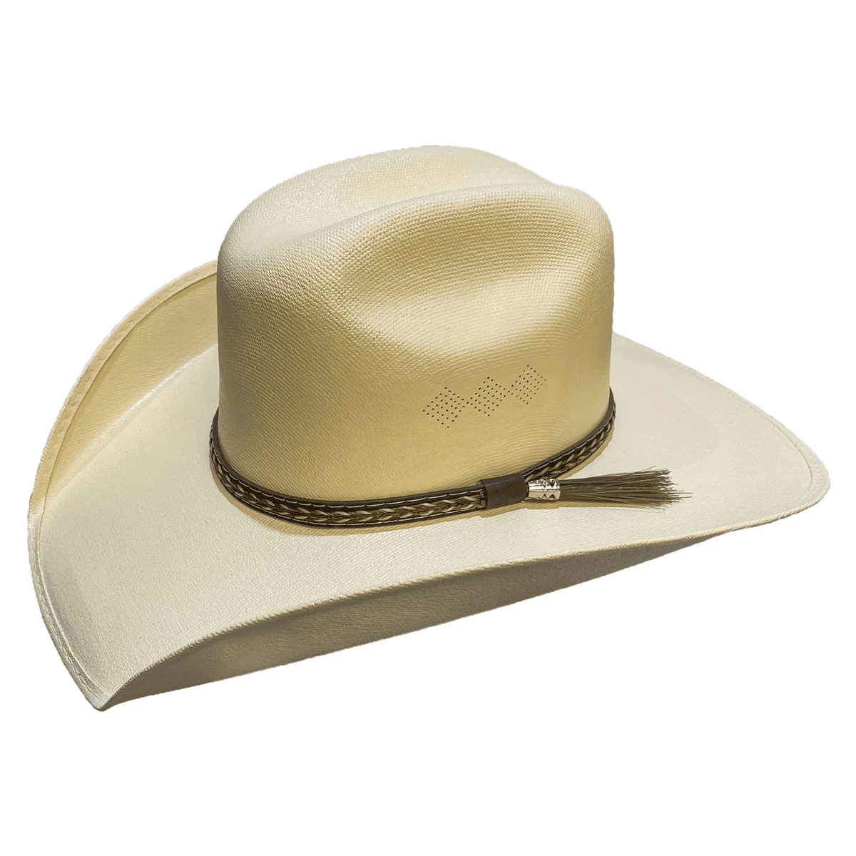 straw cowboy hat with braided leather hatband and tassel detail