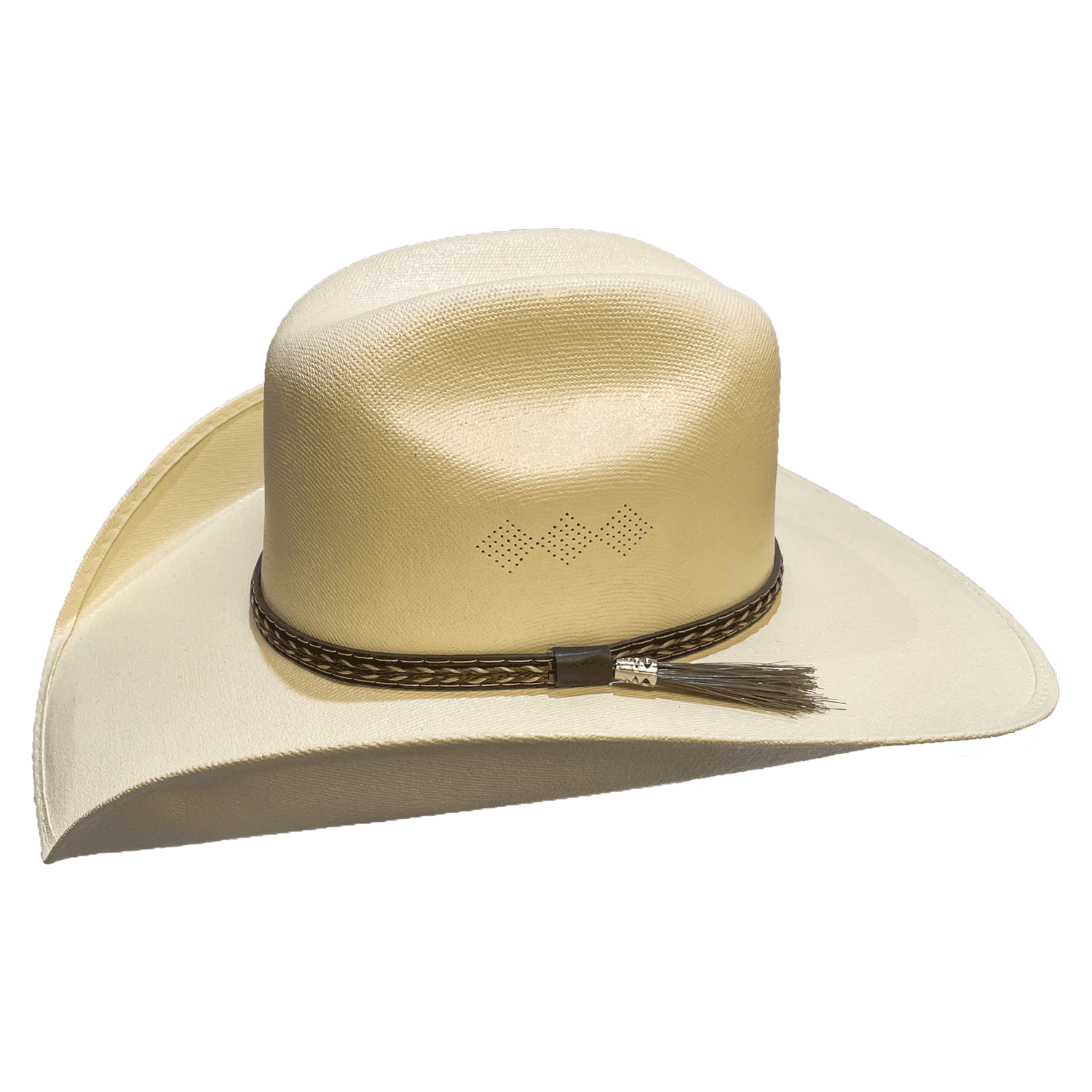 Cream cowboy hat with a high crown that has a perforated design for airflow