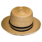 Back view of Tan-Beige Fedora Fino handcrafted Mexican palm leaf hat highlighting the woven texture and cotton hat band. 