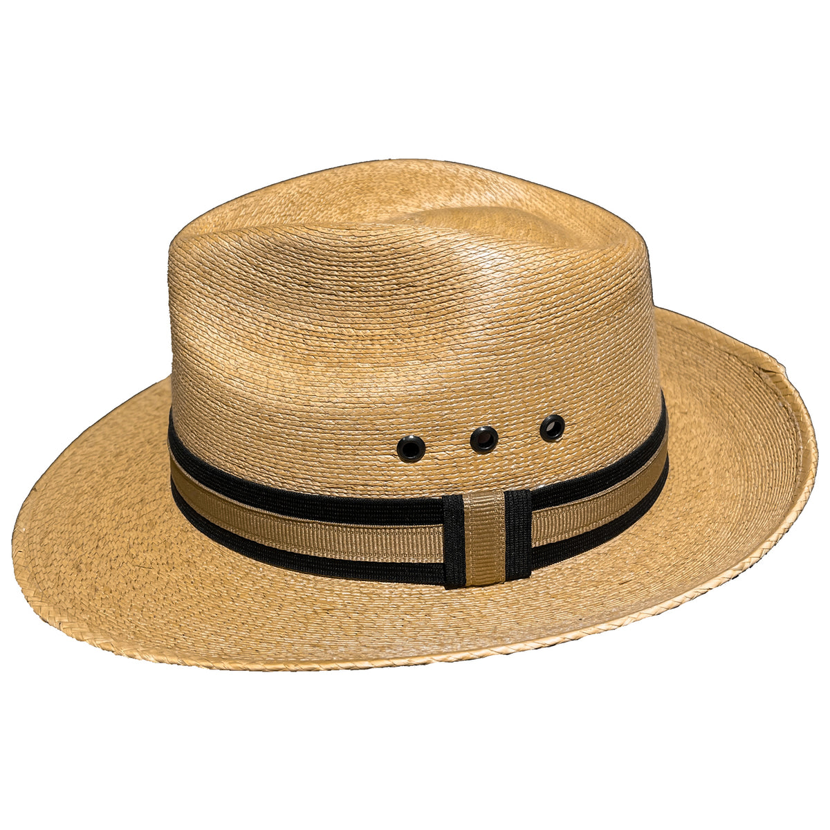 Right side view of Tan-Beige Fedora Fino palm leaf fedora featuring a classic cotton hat band and timeless fedora crown. 