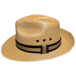 Right side view of Tan-Beige Fedora Fino palm leaf fedora featuring a classic cotton hat band and timeless fedora crown. 
