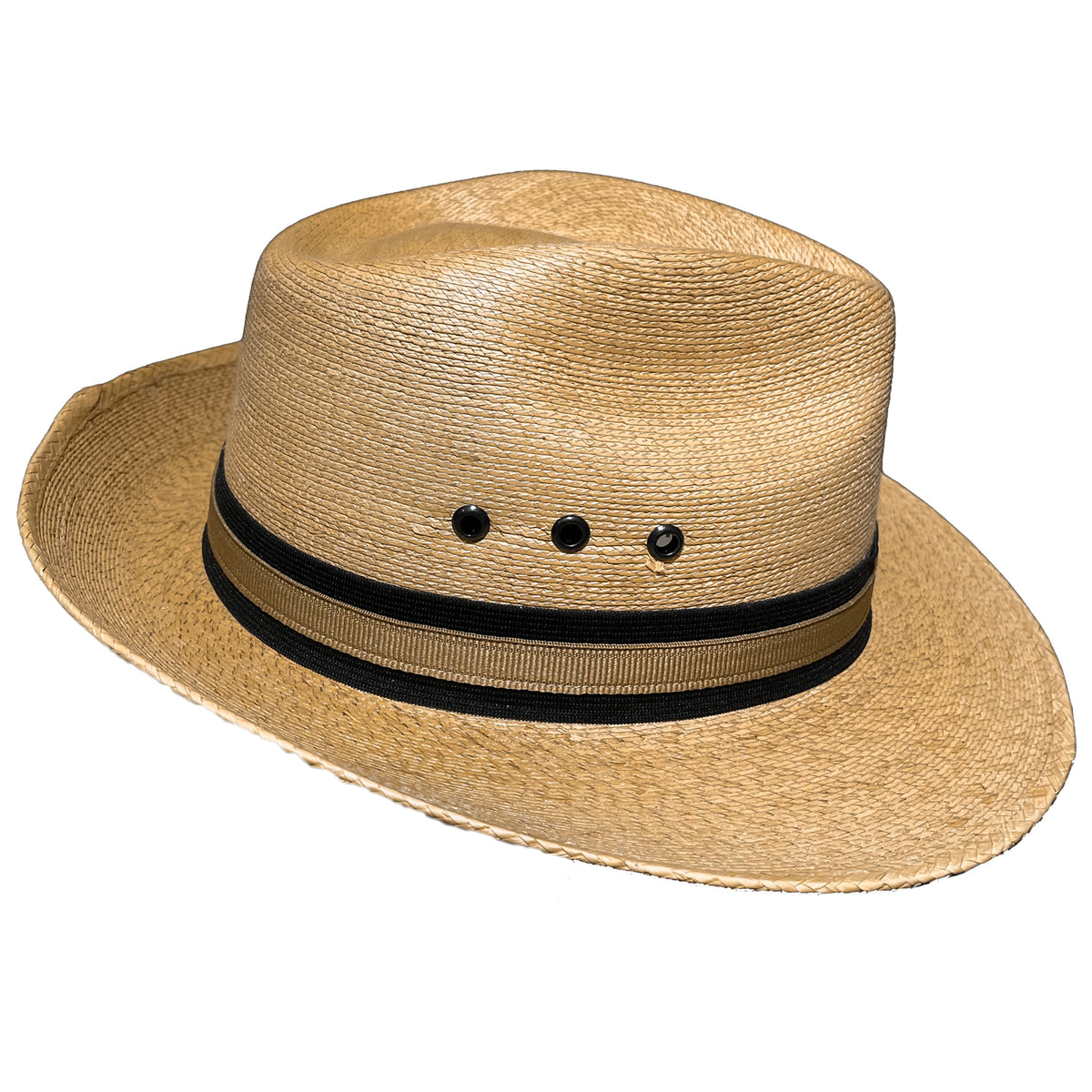 Left side profile of Tan-Beige Fedora Fino handwoven palm leaf fedora showing its breathable weave and 2⅜-inch brim. 