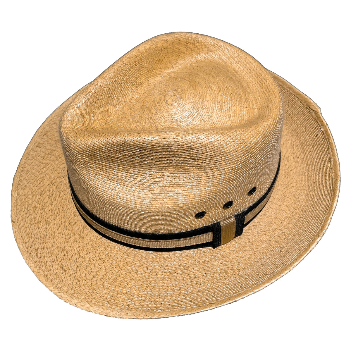 Top view of Tan-Beige Fedora Fino handcrafted from genuine Mexican palm leaf with a lightweight woven straw construction. 