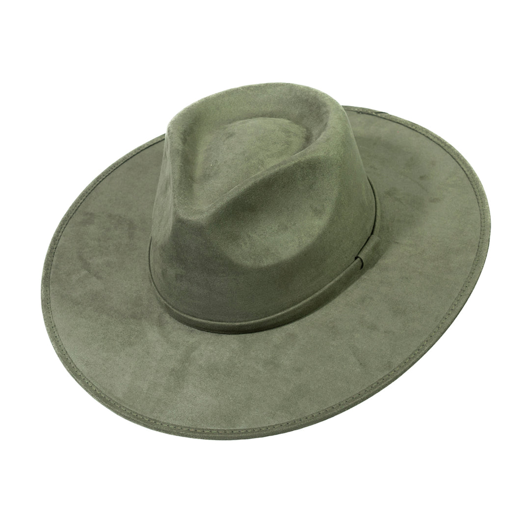 Olive green suede hat with a wide brim and classic unisex silhouette, styled for everyday wear and seasonal outfits. #olive-green