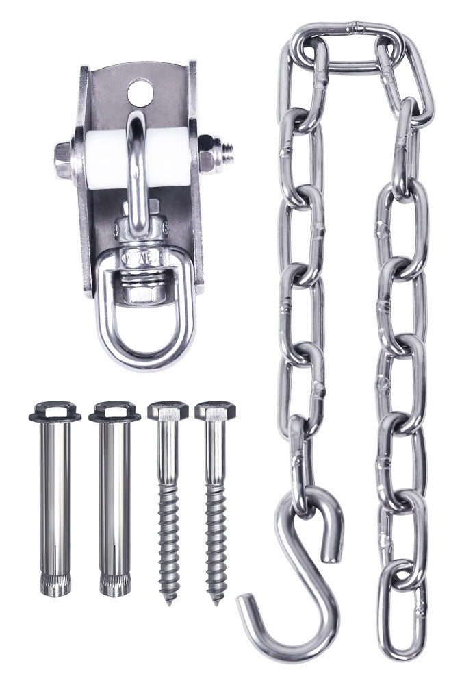 Stainless steel hanging kit with S-hook, chain, and wood and concrete mounting bolts