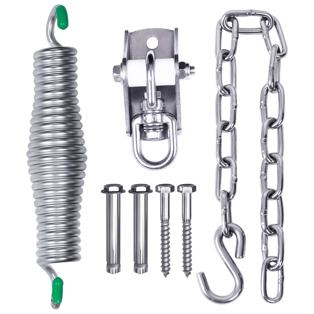 Heavy-duty hammock hanging kit with spring, hook, chain, and mounting bolts