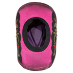 Inside view of stylish pink cowboy hat, showing the elastic sweatband that fits most adults from M-L 