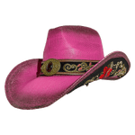 pink embroidered straw cowboy hat with floral hatband and burned edges 