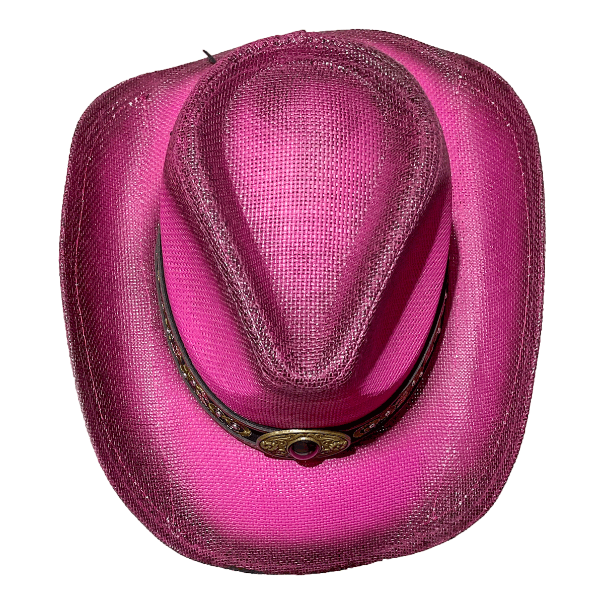 Top view of pink cowgirl hat with ombre   and brim that has sun protection 